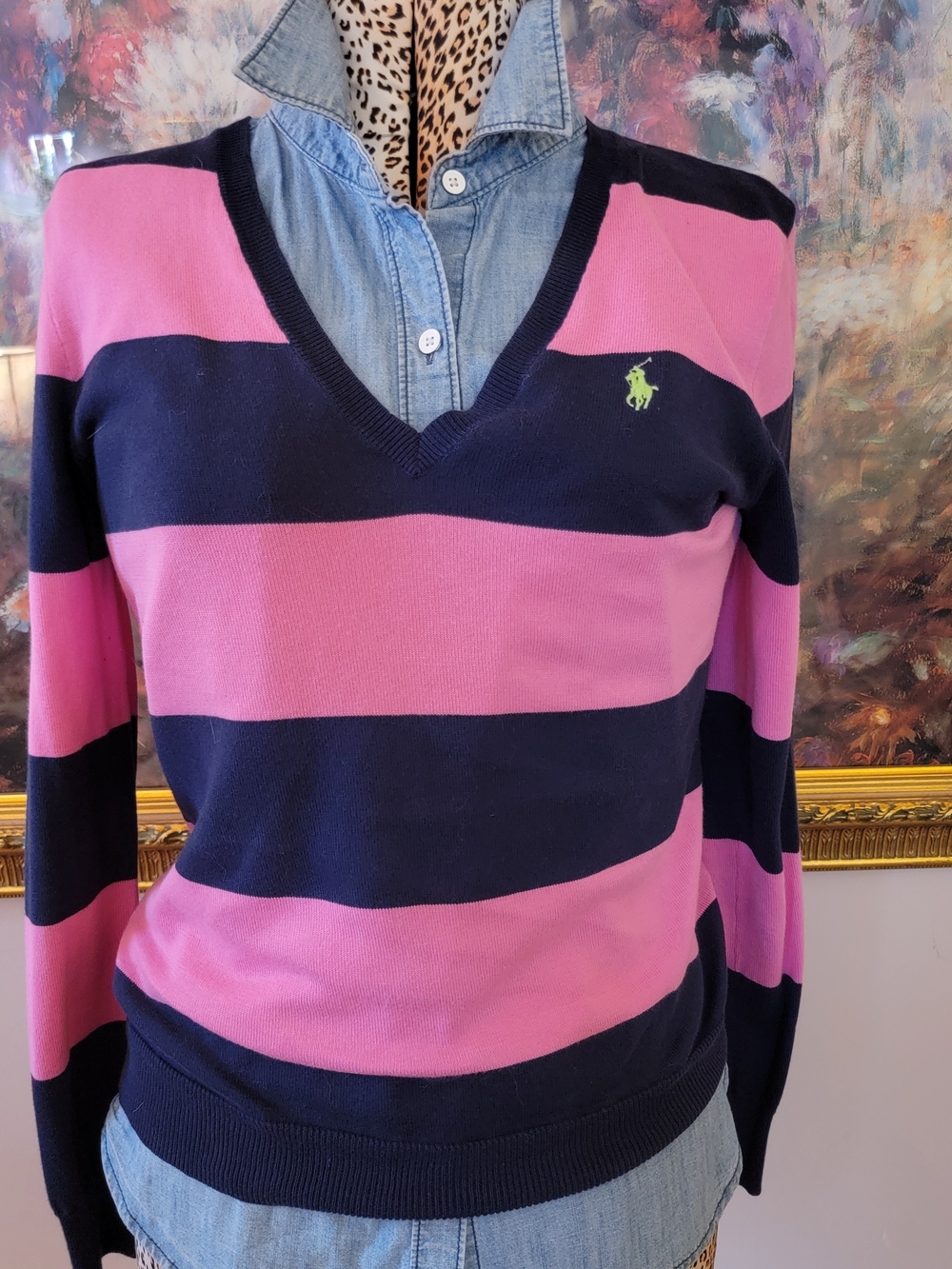 Vintage Ralph Lauren Pink & Navy Stripe V-Neck Sweater